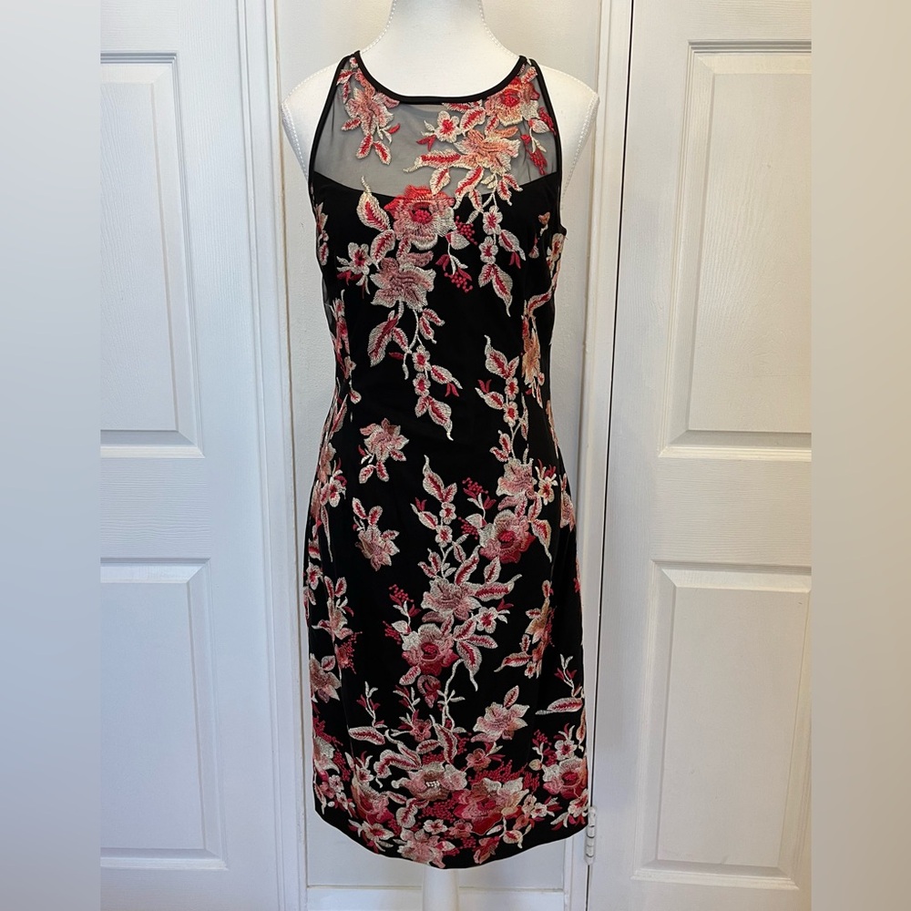 WHBM Black Dress with Pink Floral Embroidery